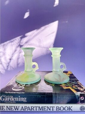 Vintage Italian Green Frosted Glass Candlesticks